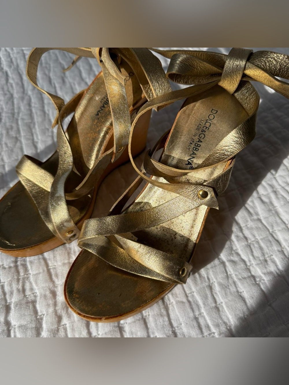 vintage Dolce & Gabbana Y2K wooden wedges Size EU 35 / US 5 metallic gold wrap - Picture 2 of 8